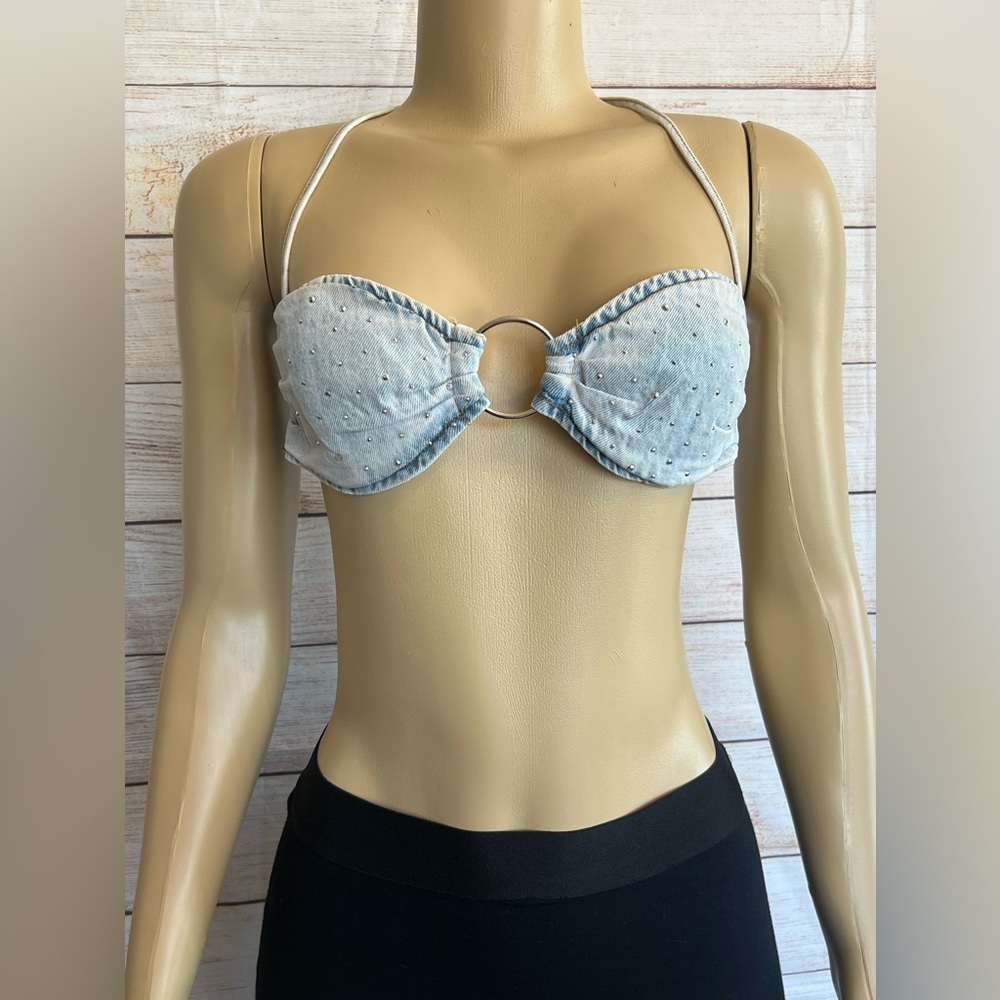 Queen Mania Women Halter Demin Bikini Top Size S